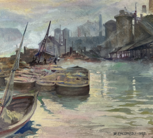 fragment obrazu Władysława Łuczyńskiego przedstawiający port w gdańsku